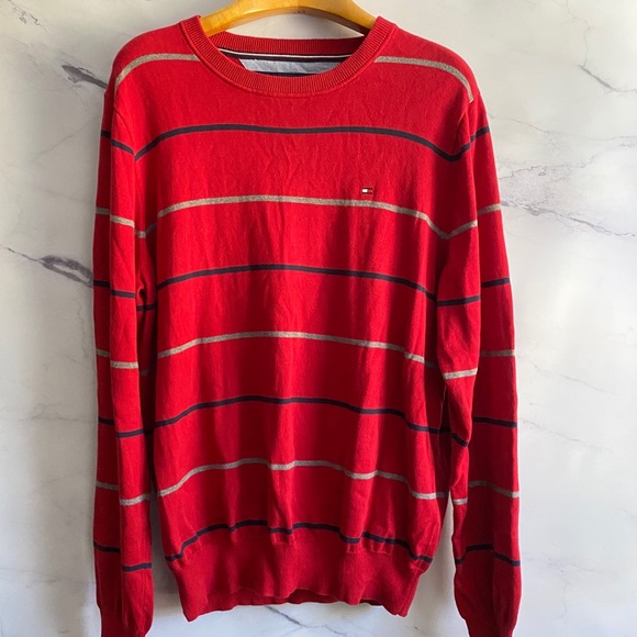 Tommy Hilfiger Red & Navy Classic Striped Sweater LARGE - Picture 1 of 6